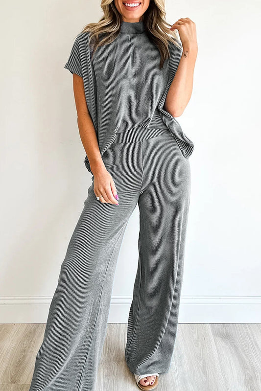 Burgundy Ribbed High Neck Tee Wide Leg Pant Set