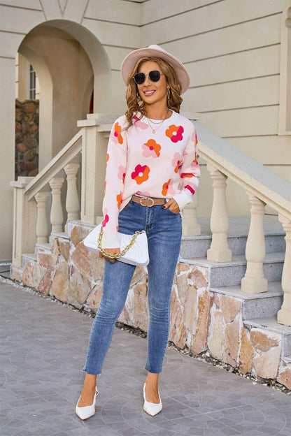 Retro Floral Print Sweater – Colorblock Knit Pullover
