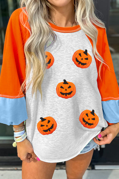 Chenille Pumpkin Halloween Color Block Long Sleeve Top