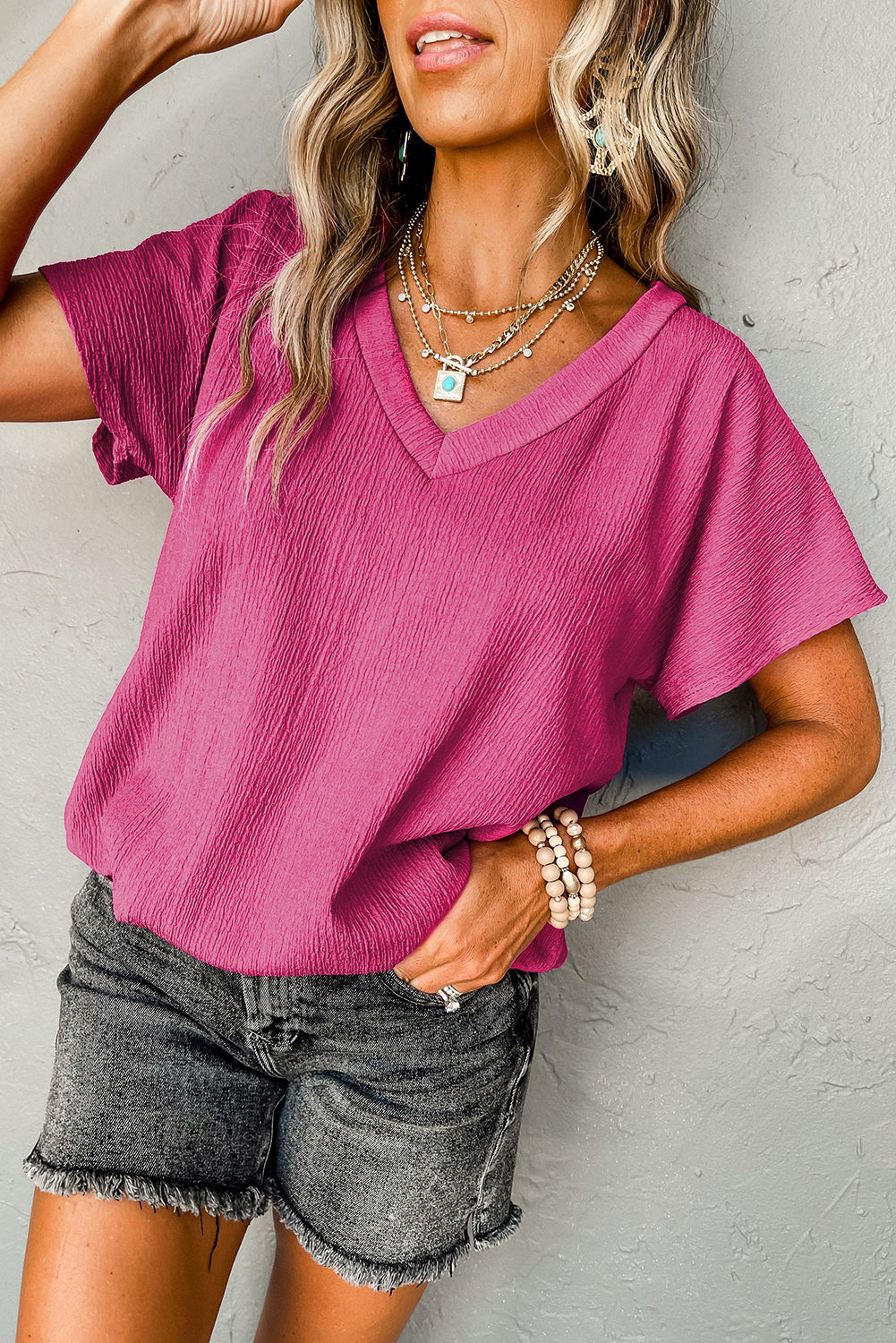 Blue Sapphire Crinkled V Neck Wide Sleeve T-shirt