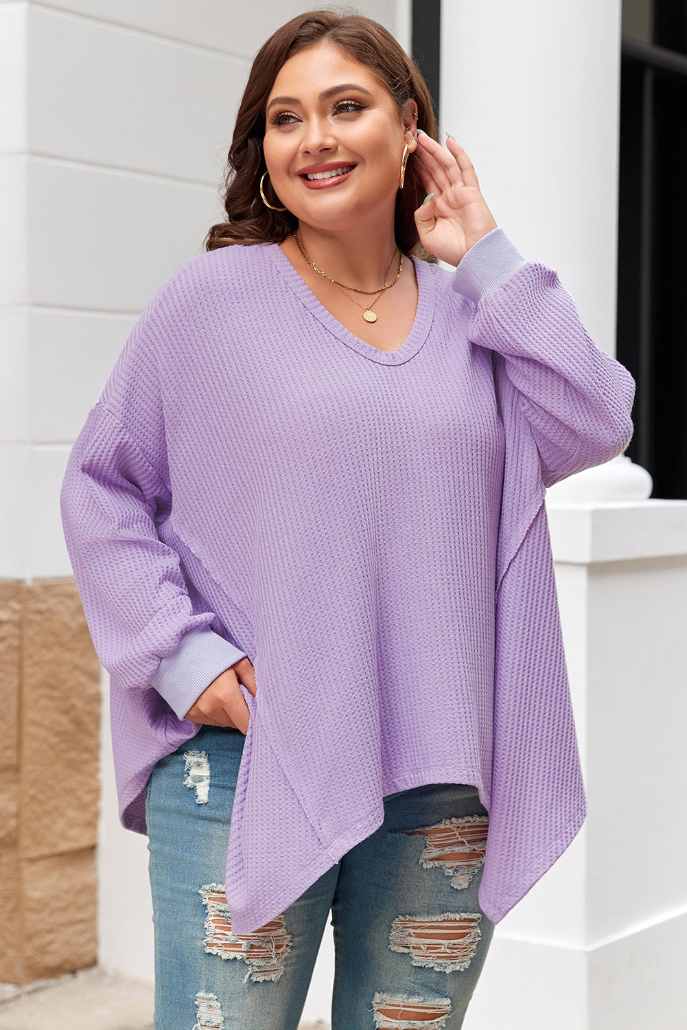 Orchid Petal Plus Size Waffle Knit Exposed Seam Flowy Top