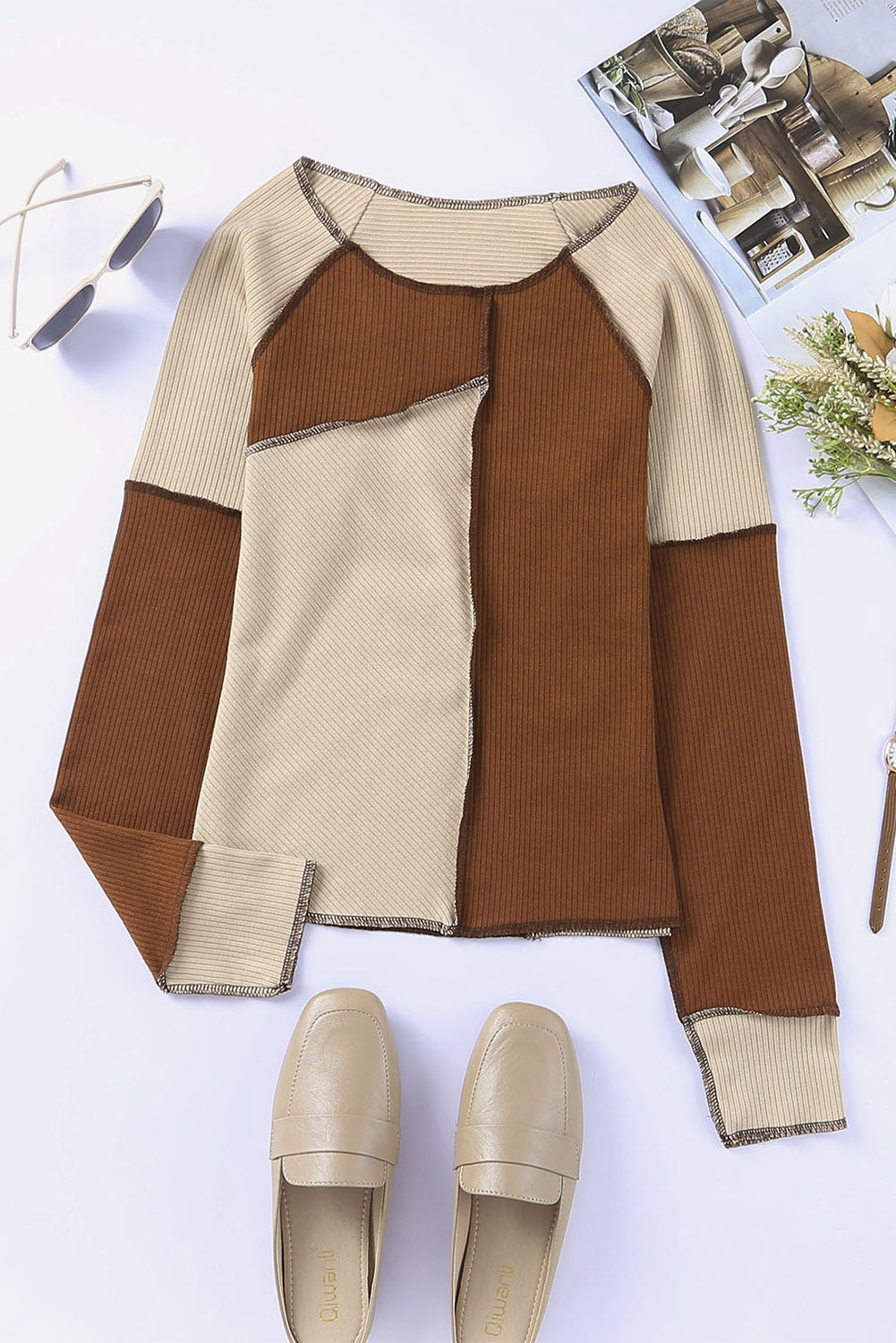 Irregular Color Block Rib Knit Long Sleeve Top