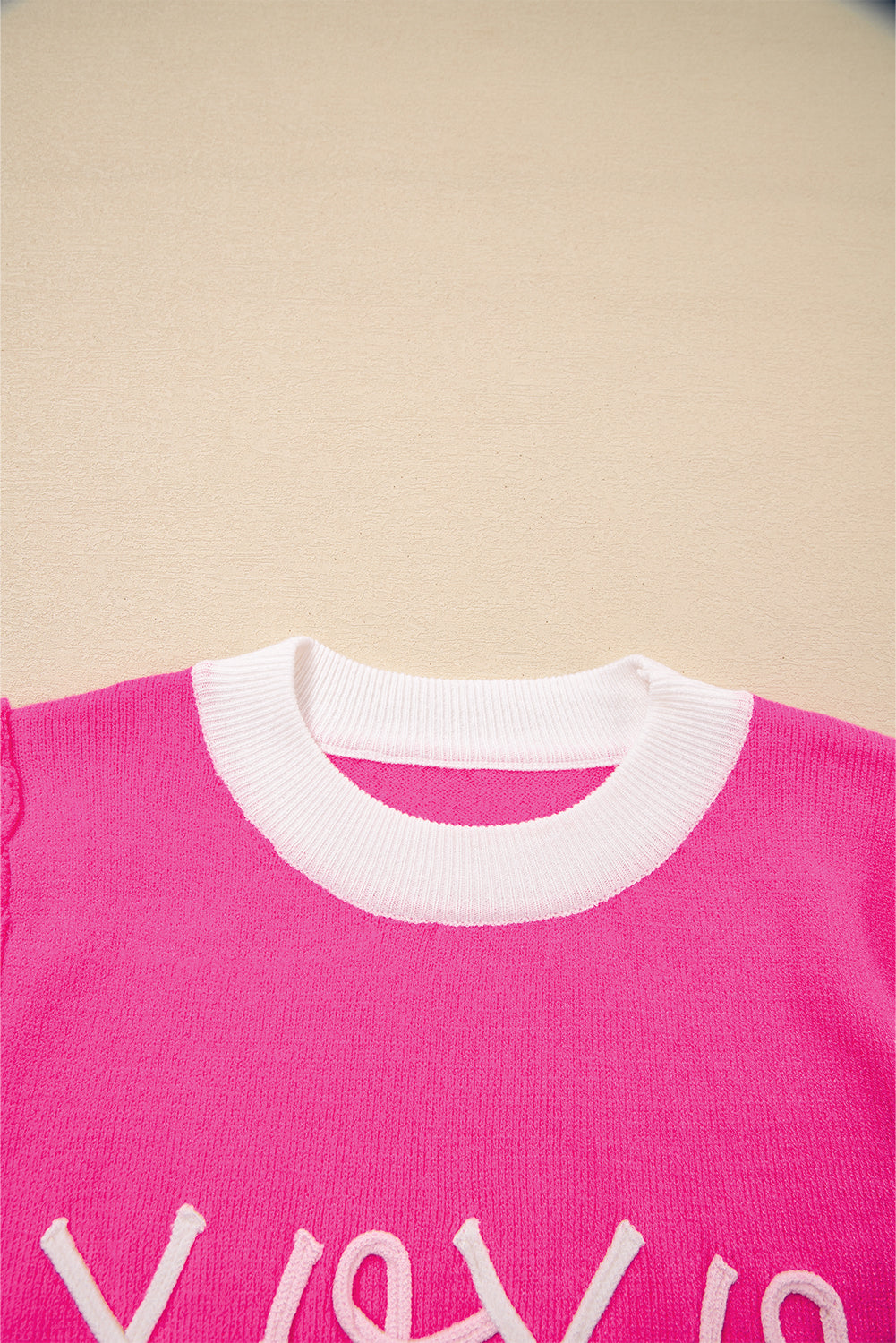 Bright Pink XOXO Puff Sleeve Contrast Knit Valentine Sweater Top