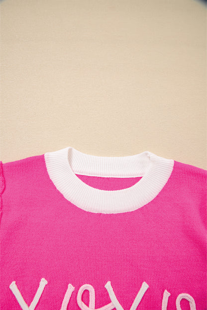 Bright Pink XOXO Puff Sleeve Contrast Knit Valentine Sweater Top