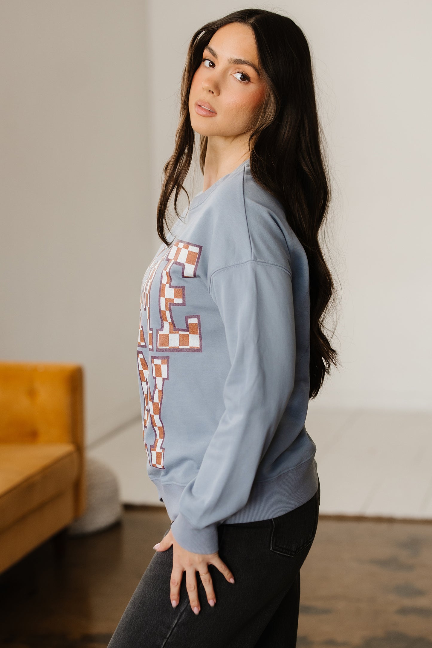 Game Day Checkered Graphic Oversized Crewneck Sweatshirt