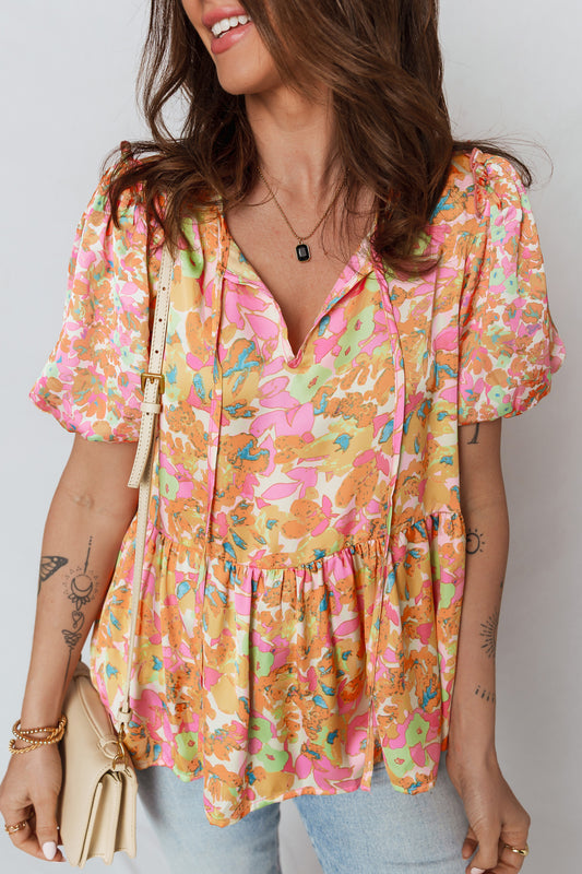 Orange Floral Split V Neck Short Sleeve Peplum Blouse