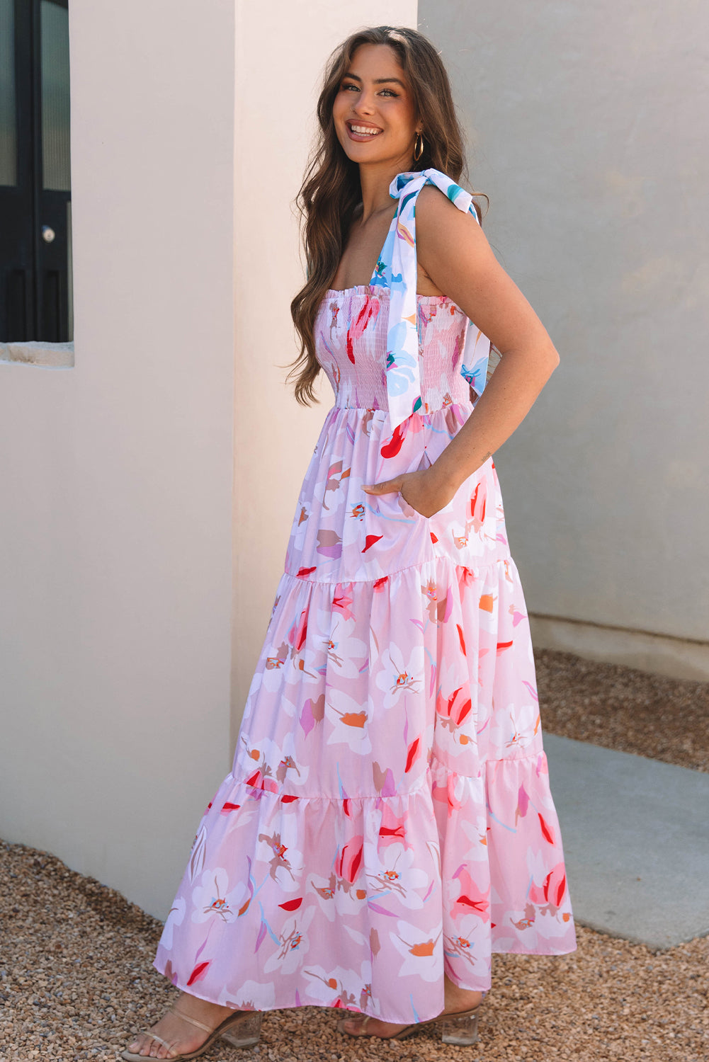 Pink Floral Smocked Maxi Dress Tie Shoulder Flowy