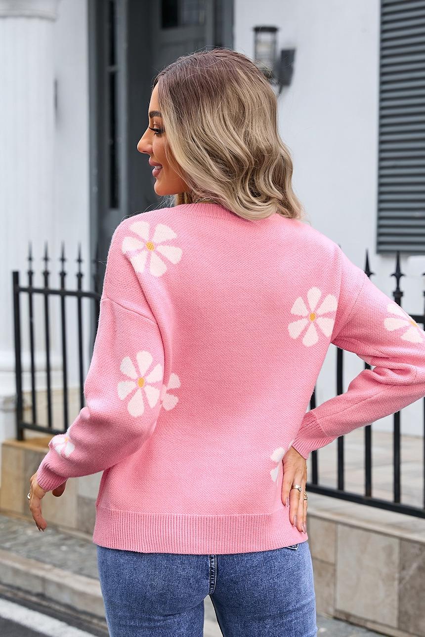 Floral Knit Pullover Sweater - Spring Pastel Daisy Top