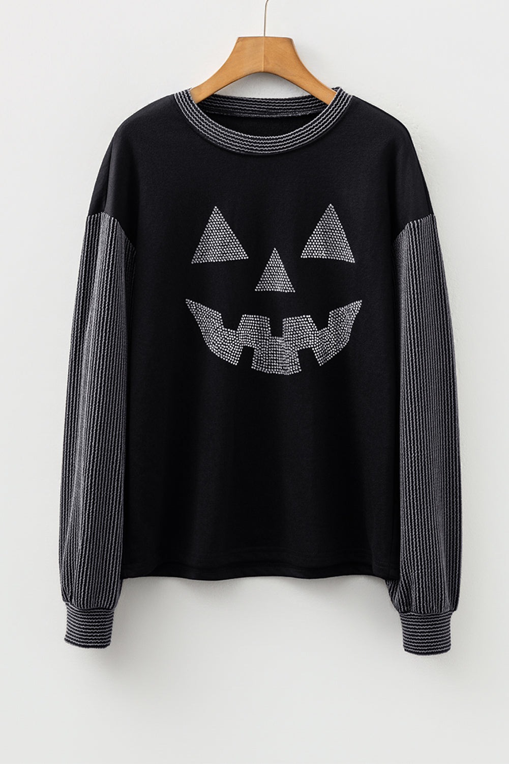 Black Halloween Rhinestone Pumpkin Face Ribbed Sleeve Top