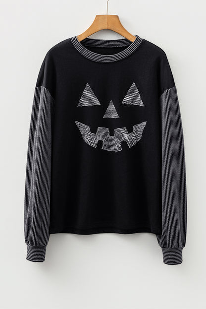 Black Halloween Rhinestone Pumpkin Face Ribbed Sleeve Top