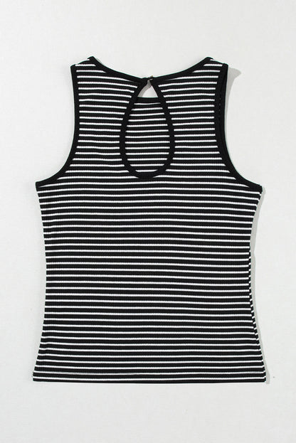 Black White Striped Ribbed Knit Sleeveless Tank Top