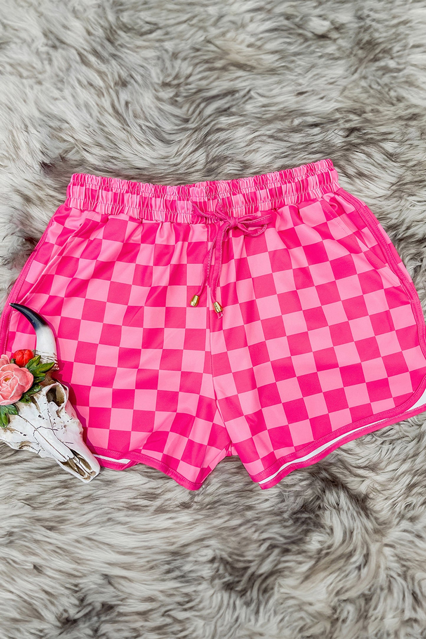 Rose Checkered Drawstring High Waist Casual Shorts