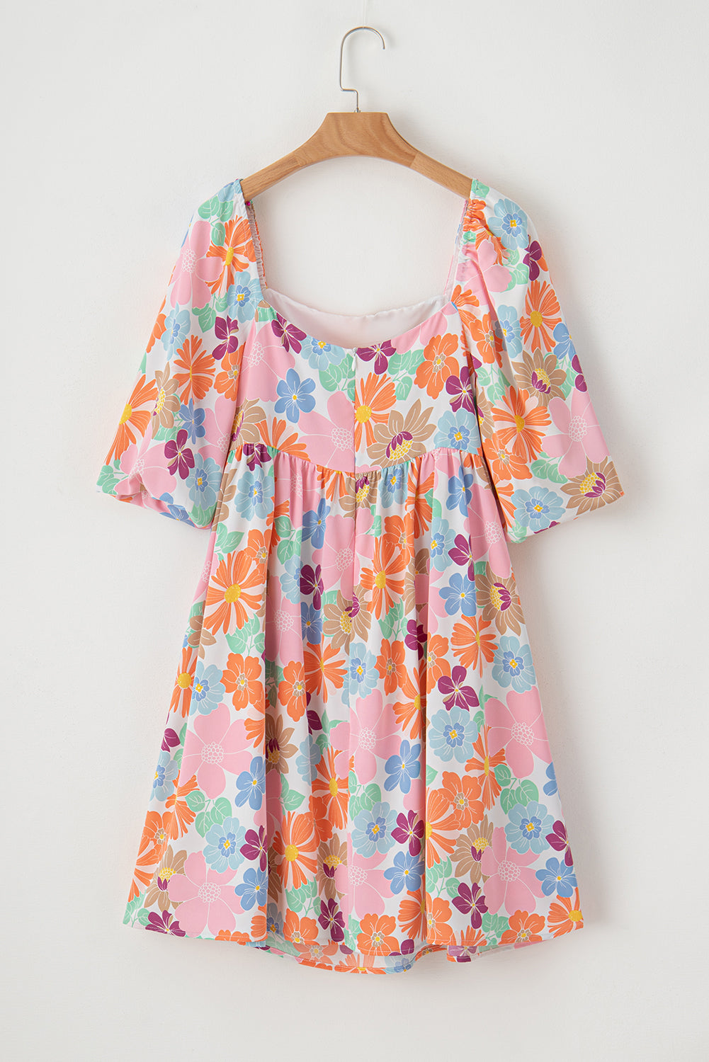 Pink Floral Square Neck Puff Sleeve Babydoll Dress
