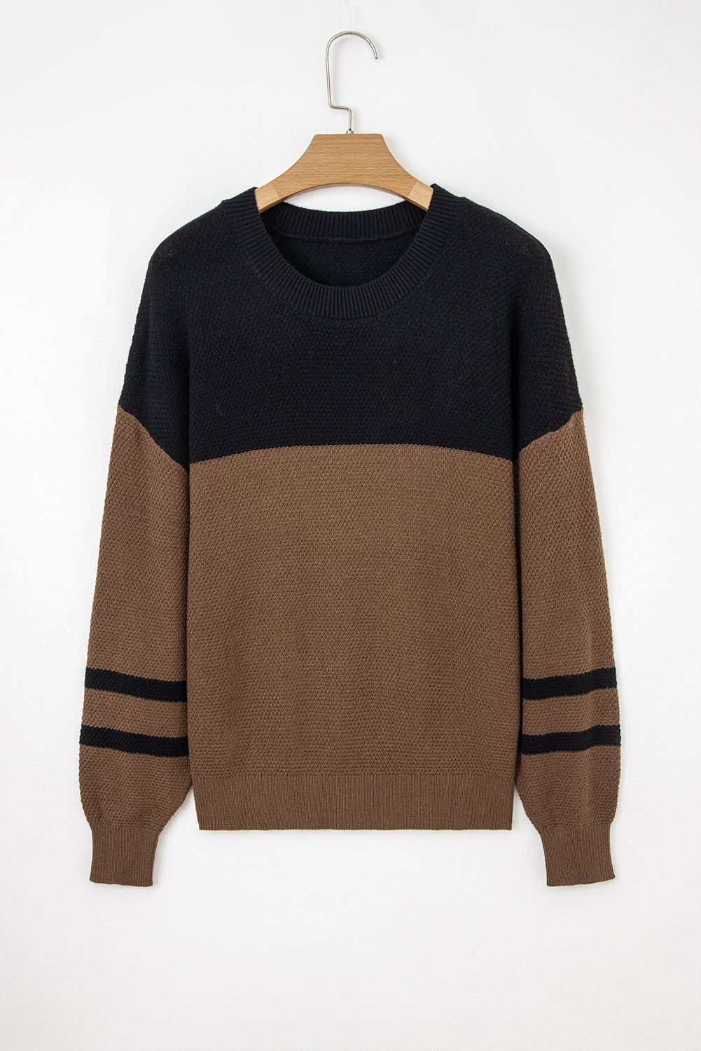 Parchment Color Block Knit Striped Sleeve Detail Casual Sweater