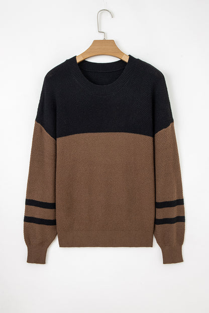 Parchment Color Block Knit Striped Sleeve Detail Casual Sweater