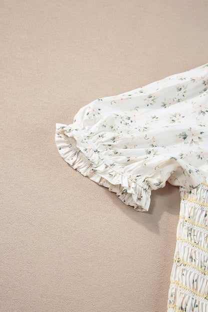 White Floral Shirred Smocked Tiered Maxi Dress