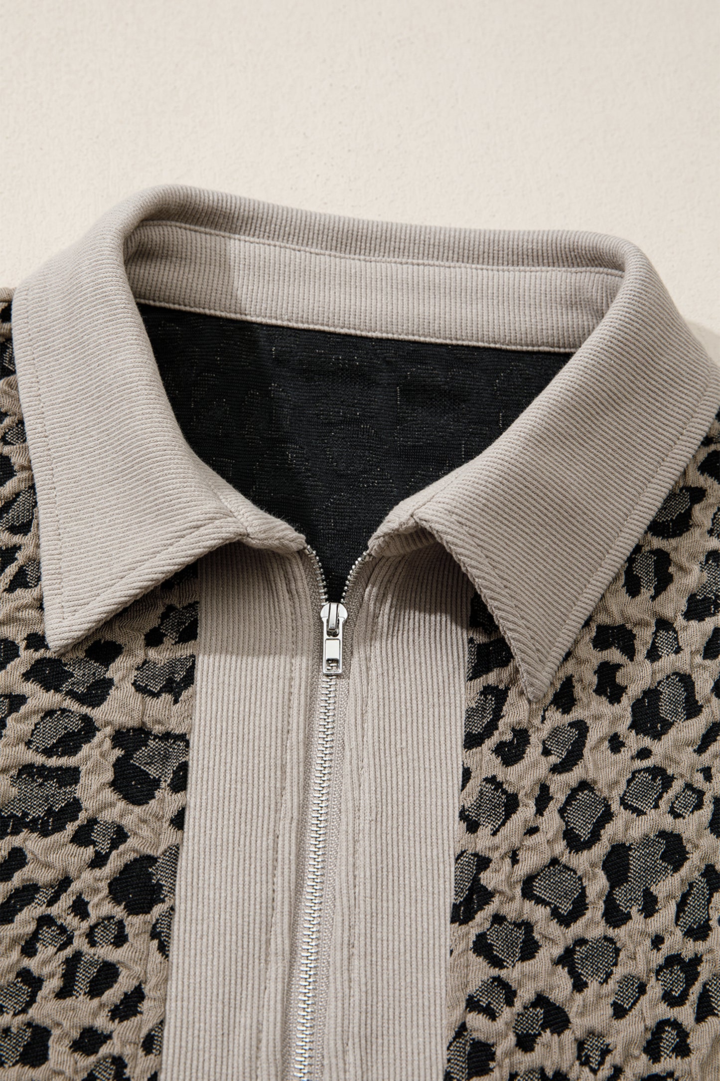Leopard Textured Zip Polo Top Cap Sleeve Casual Knit
