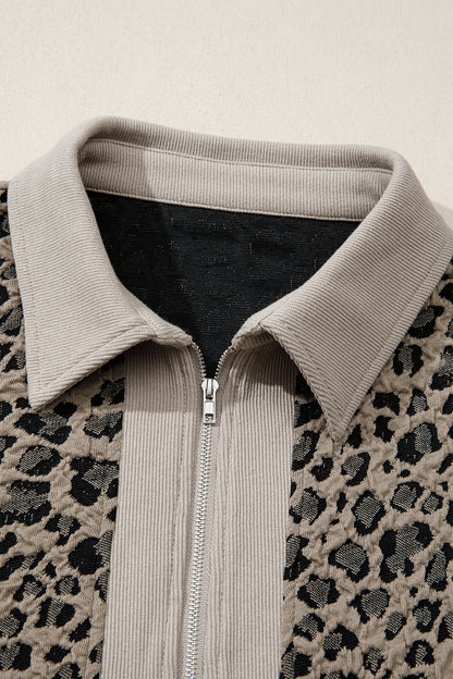 Leopard Textured Zip Polo Top Cap Sleeve Casual Knit