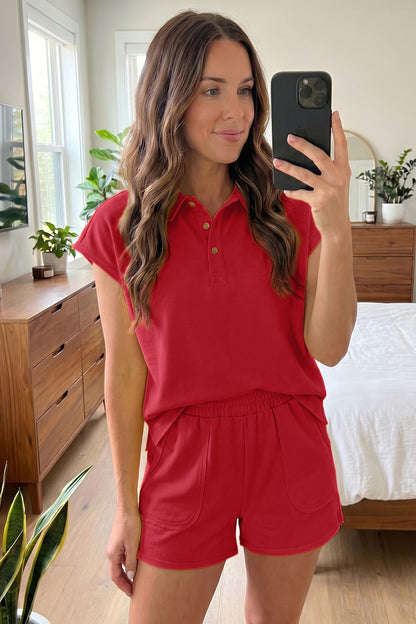 Polo Collar Lounge Set Loose Top and Shorts Outfit
