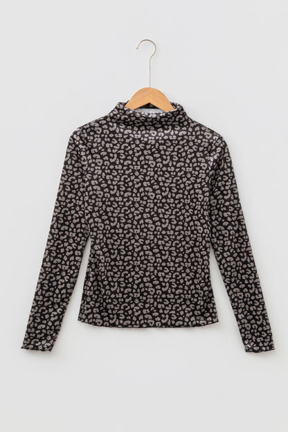 Western Leopard Print Mock Neck Long Sleeve Top Brown