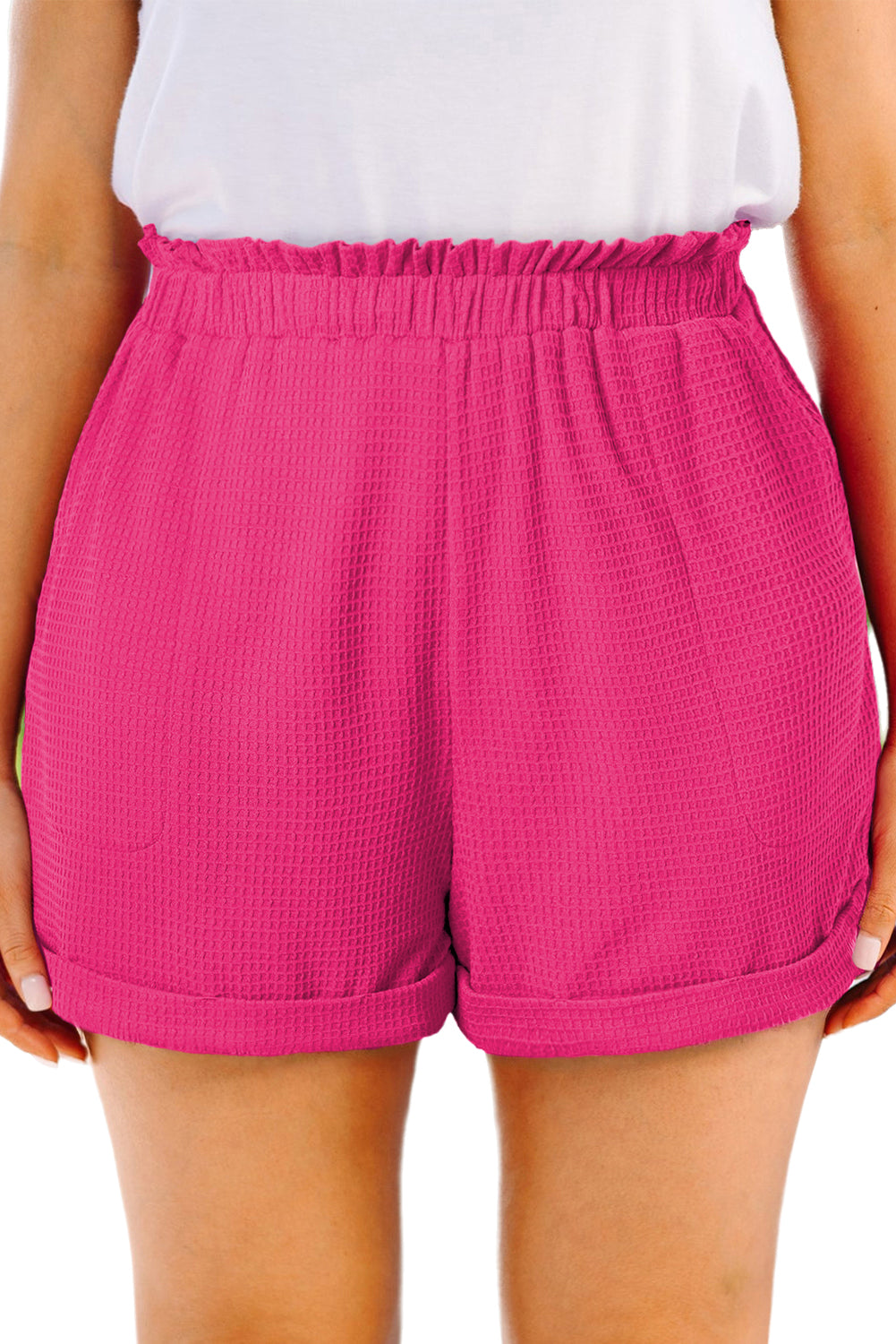 Bright Pink Plus Size Rolled Edge Ruffled Elastic Waist Textured Shorts