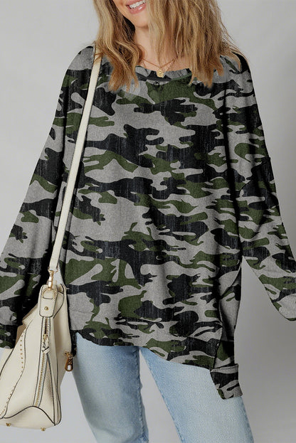 Retro Camo Drop Shoulder Oversized Sweatshirt for Women