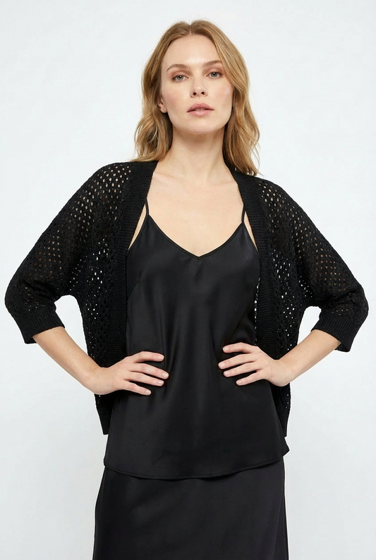 Black Open Knit Lightweight Cropped Cardigan