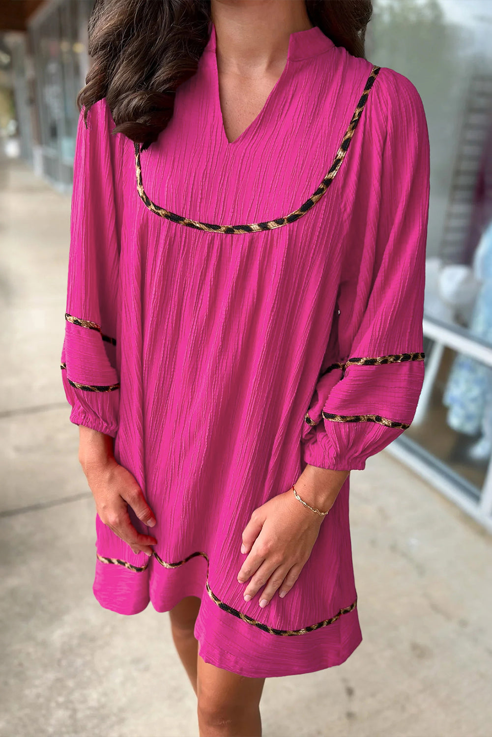 Black Textured V Neck Leopard Trim Shift Mini Dress