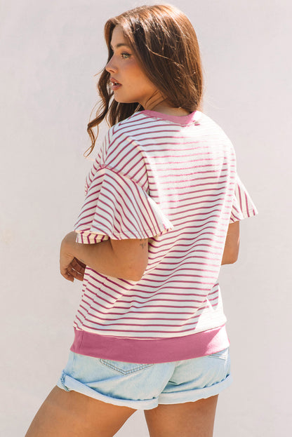 Green Striped Ruffle Sleeve Contrast Casual Top