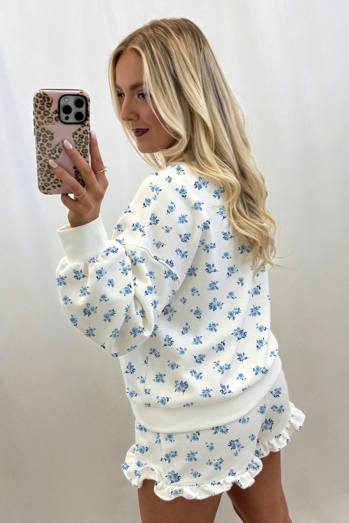 Blue Floral Sweatshirt & Ruffle Shorts 2 Piece Set