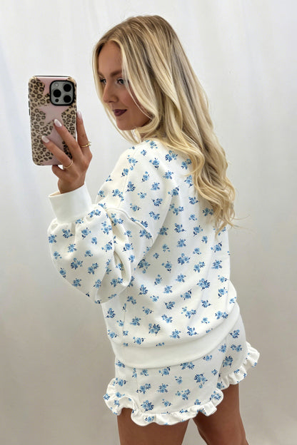Blue Floral Sweatshirt & Ruffle Shorts 2 Piece Set
