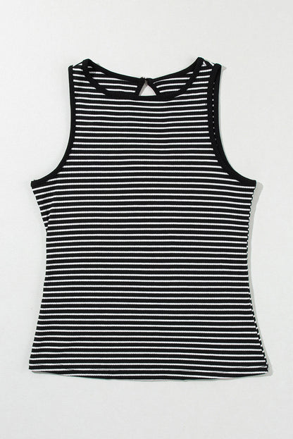 Black White Striped Ribbed Knit Sleeveless Tank Top