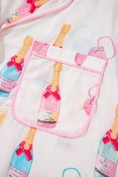 Valentine’s Day White Plus Size Wine Print Bow Pajama Set