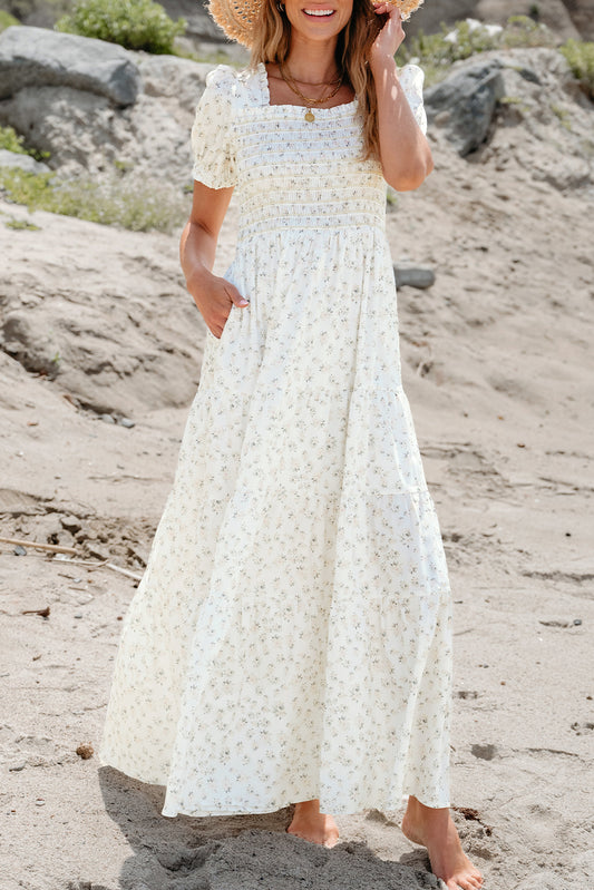 White Floral Shirred Smocked Tiered Maxi Dress