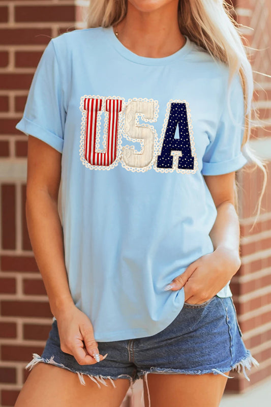 Light Blue USA Patchwork Tee Flag Day Independence