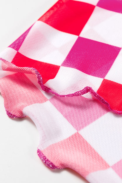 Rose Checkerboard Mesh Long Sleeve Fitted Top