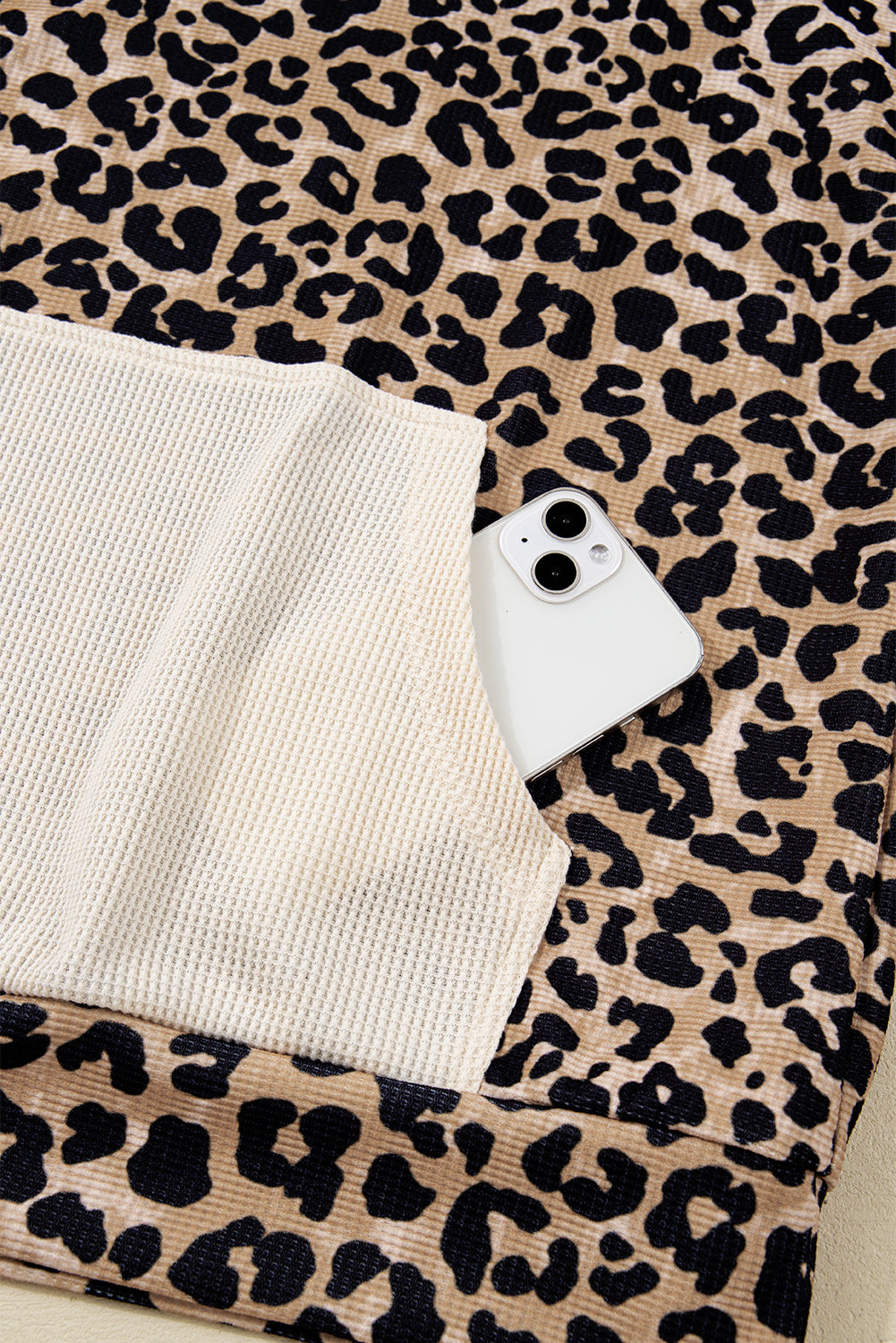Leopard Print Waffle Knit Contrast Hoodie with Kangaroo Pocket