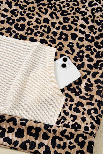 Leopard Print Waffle Knit Contrast Hoodie with Kangaroo Pocket