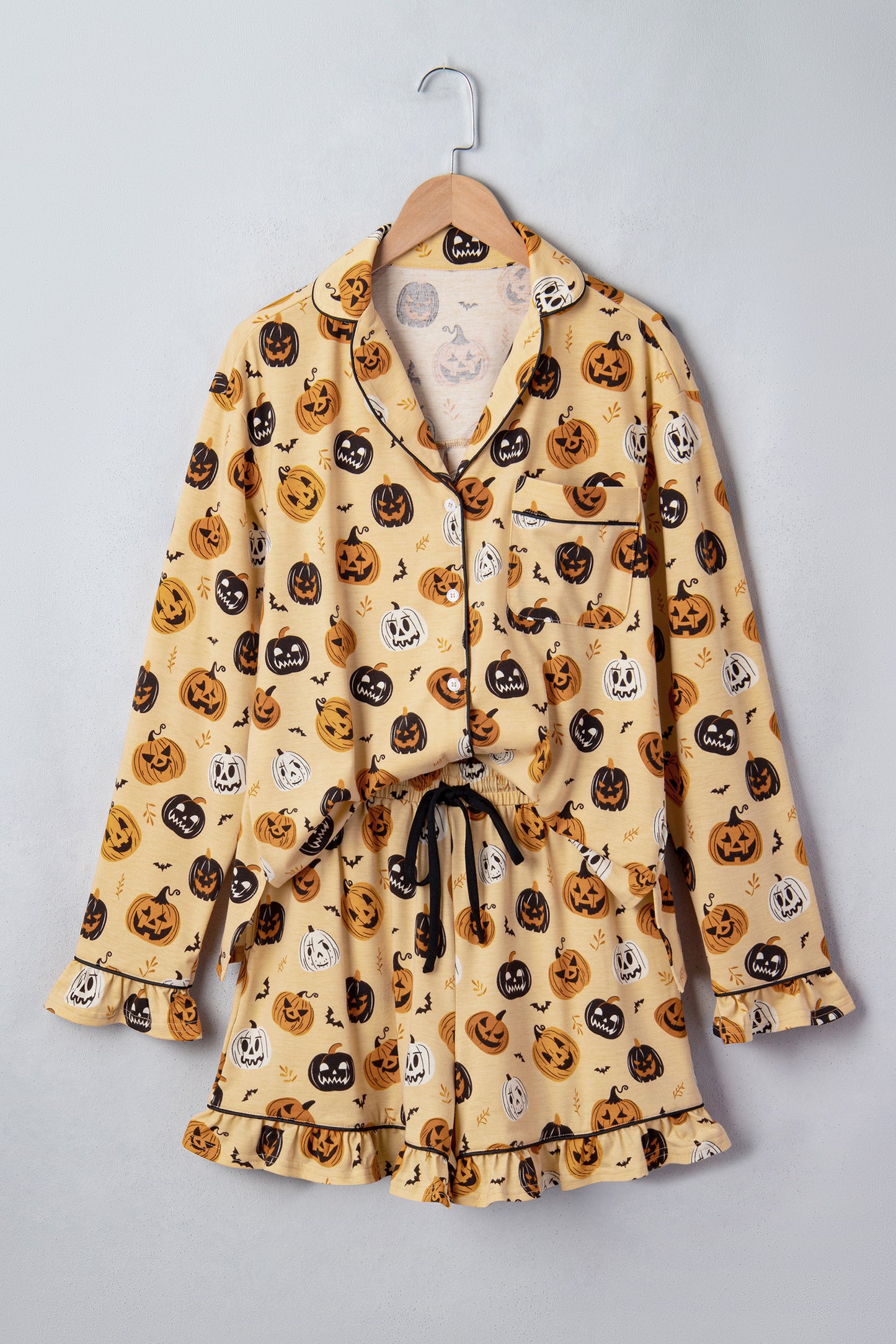 Halloween Pumpkin Print Ruffle Shorts Pajama Set