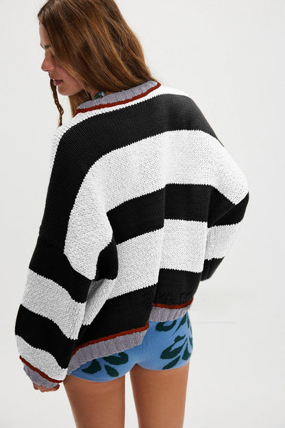 Oversized Color Block Striped Knit Pullover Sweater for Women
