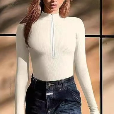 Sexy Long Sleeve Ribbed Zip Front Mock Neck Bodysuit