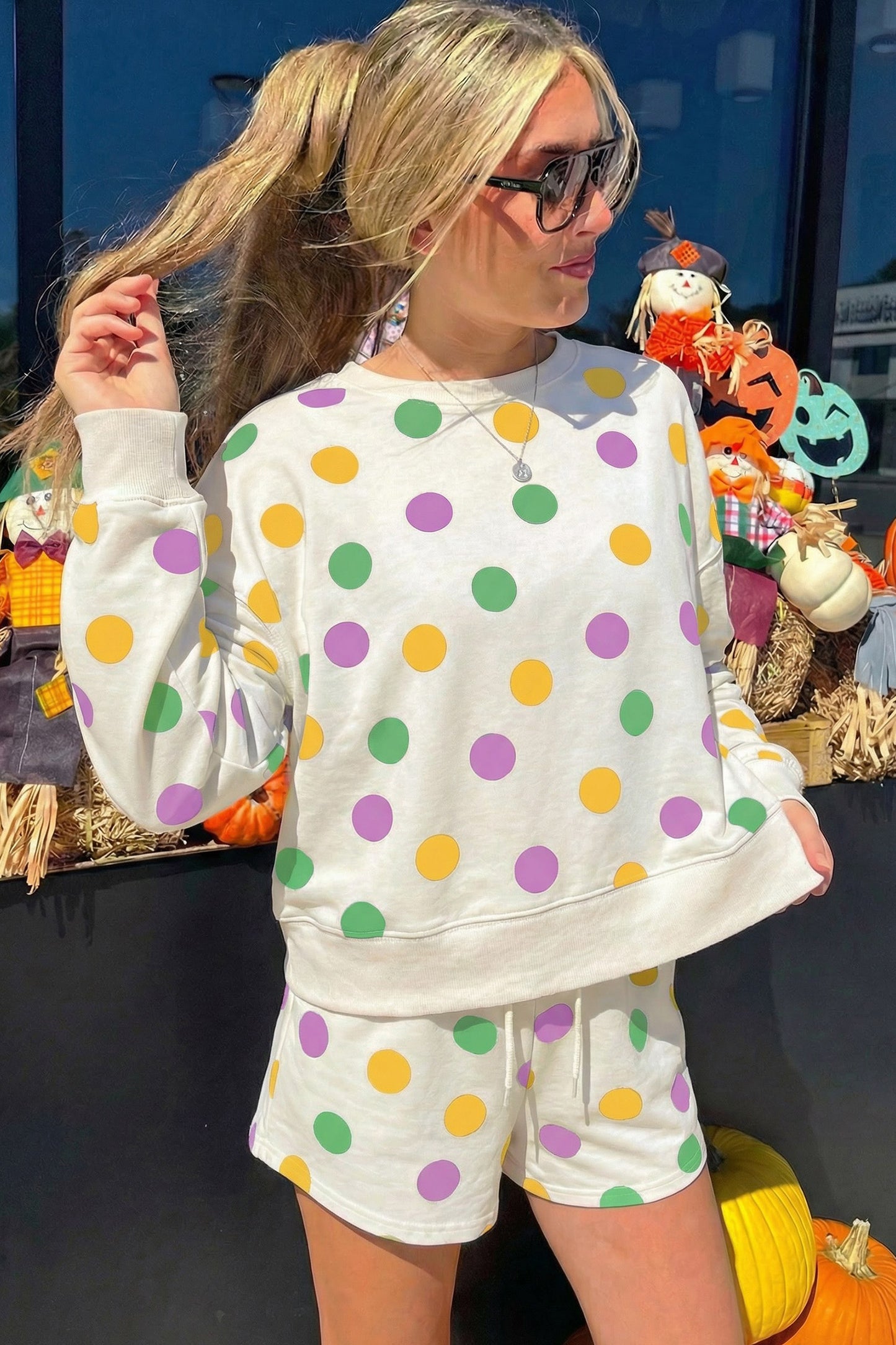 Pink Polka Dot Drop Shoulder Pullover Shorts Set