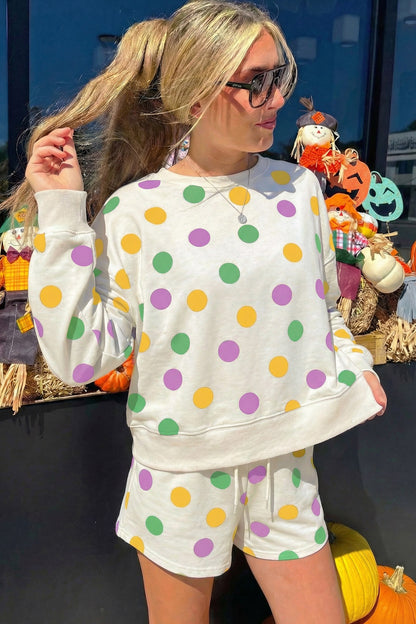 Pink Polka Dot Drop Shoulder Pullover Shorts Set