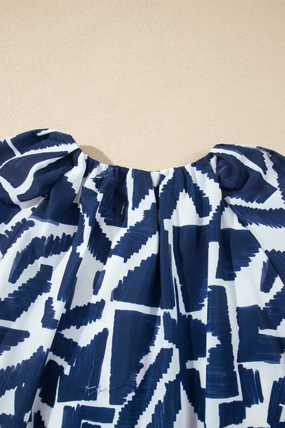 Blue Abstract Print Zip Front Tie Waist Mini Dress