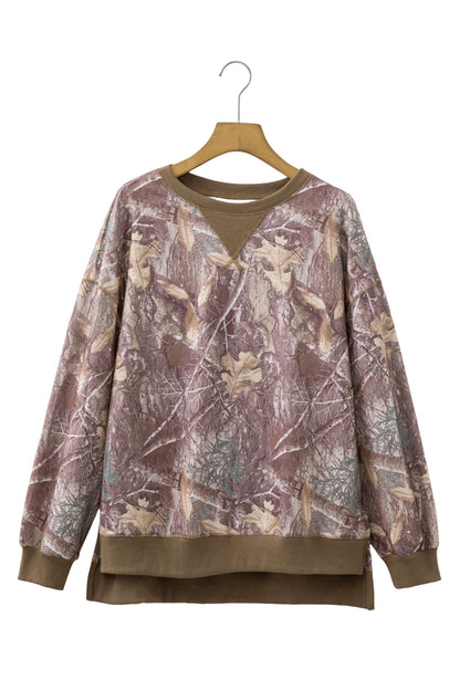 Camo Print Oversized Sweatshirt Colorblock Trim Pullover