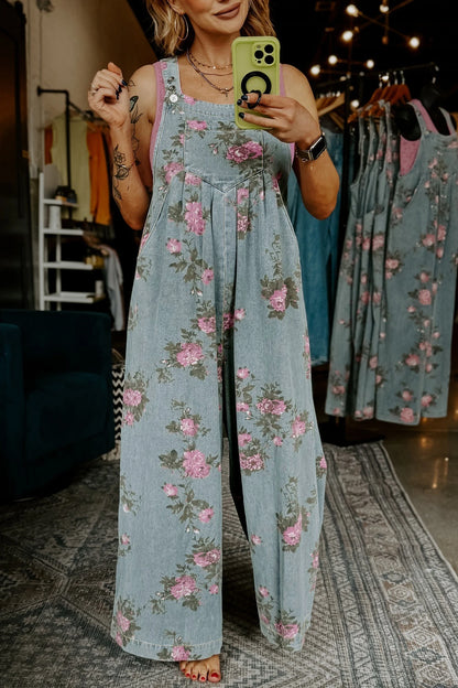 Blue Floral Wide Leg Denim Jumpsuit with Adjustable Straps