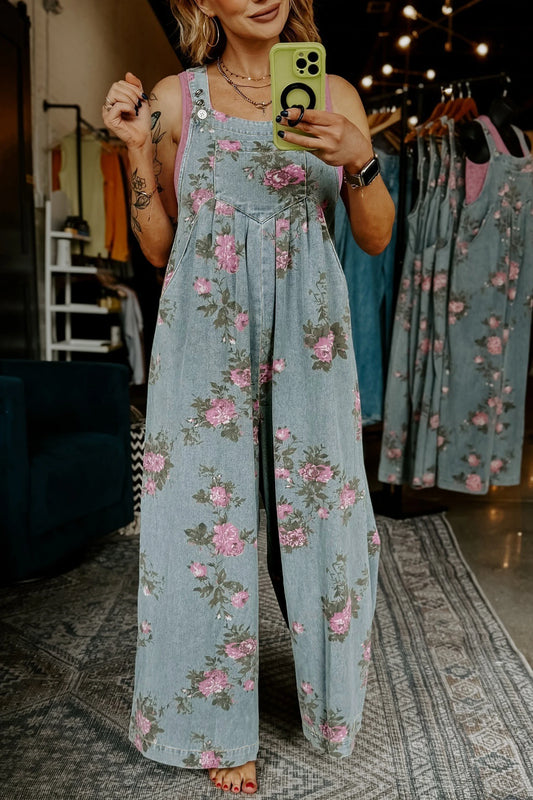 Blue Floral Wide Leg Denim Jumpsuit with Adjustable Straps
