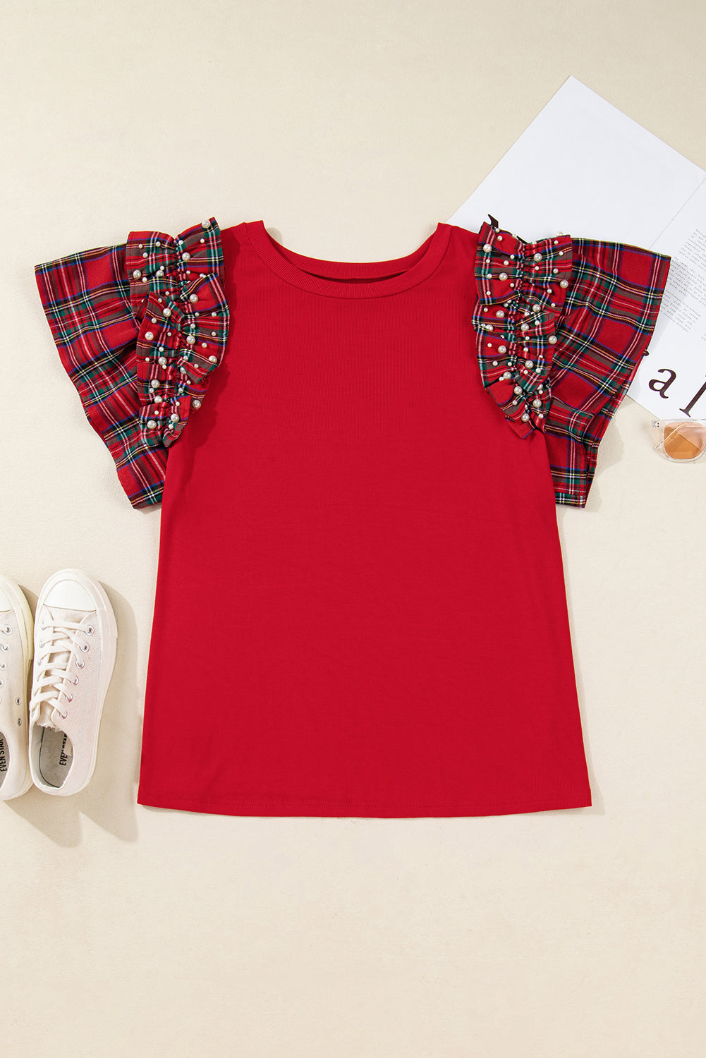 Plus Size Red Plaid Ruffle Sleeve Christmas Holiday Top