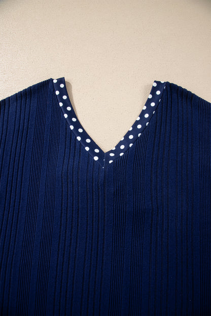 Polka Dot Trim V Neck Tie Ribbed Knit Top Women