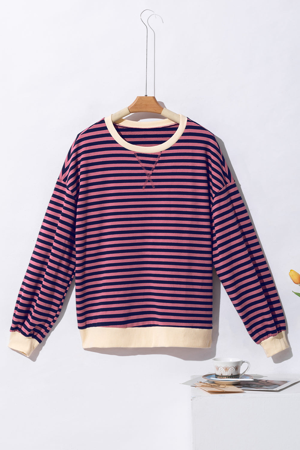 Sky Blue Stripe Oversized Contrast Trim Pullover Sweatshirt